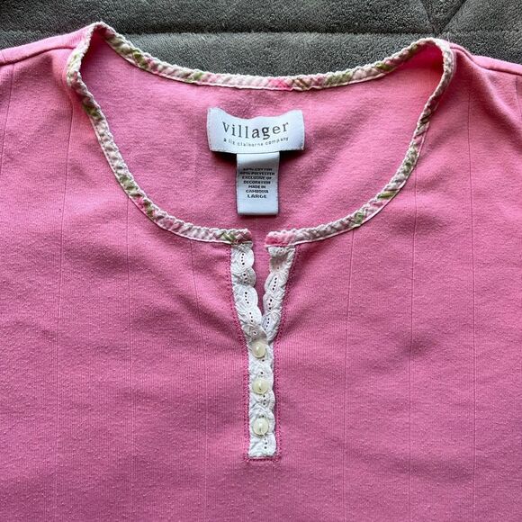 Vintage Y2K Liz Claiborne cottage fairy pink tee with white lace size large - Picture 2 of 6